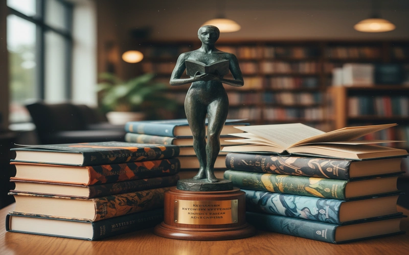 Anthony Award trophy displayed with stacked mystery novels from current year nominees in various subgenres