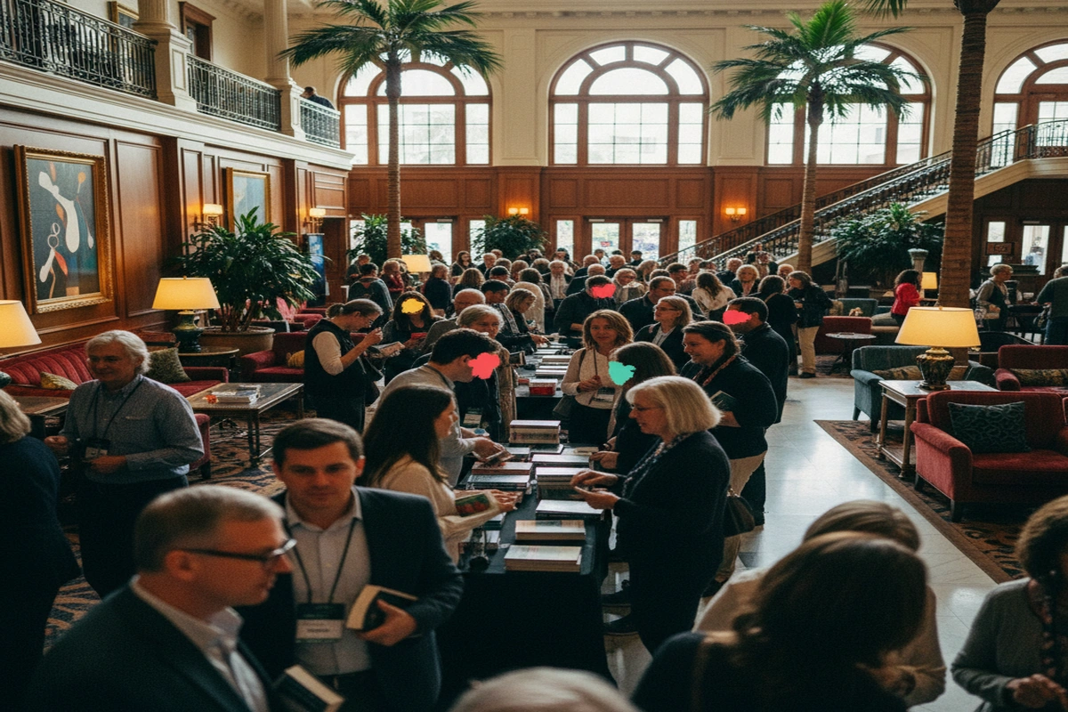 Bouchercon 2021 convention attendees gathering at the Marriott Hotel in New Orleans