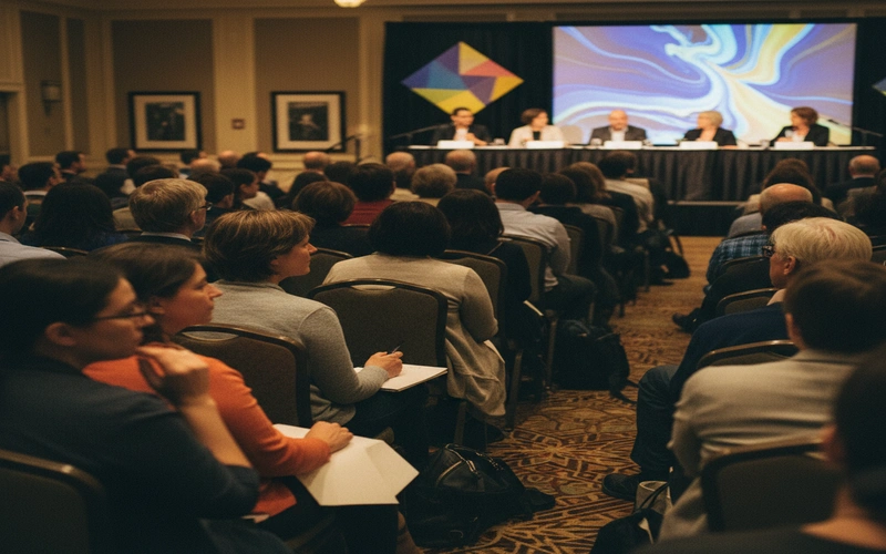 Bouchercon attendees listening attentively to guest of honor panel discussion in crowded hotel ballroom