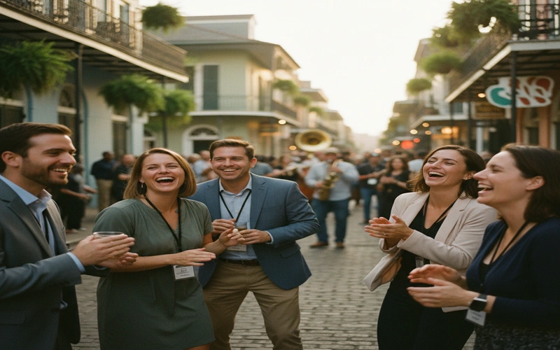 Group of convention attendees responsibly enjoying New Orleans evening entertainment with French Quarter architecture in background