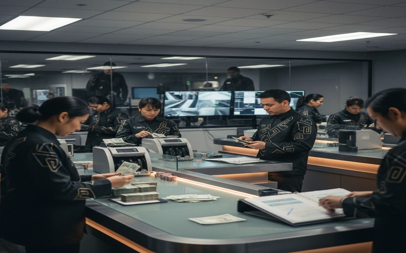 Secure casino counting room showing multiple personnel conducting currency verification procedures with surveillance documentation