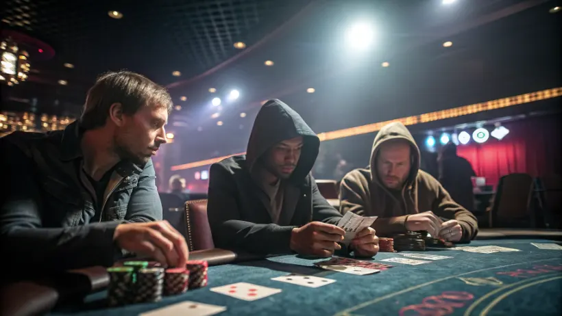 Poker players at a casino table with chips and cards under dramatic overhead lighting