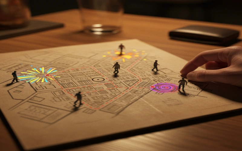 Detailed walking map of French Quarter showing recommended evening routes from Marriott Hotel to entertainment venues