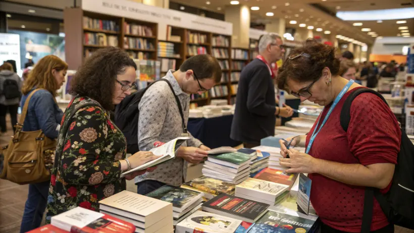 Mystery fiction enthusiasts browsing books at a literary convention with authors signing novels