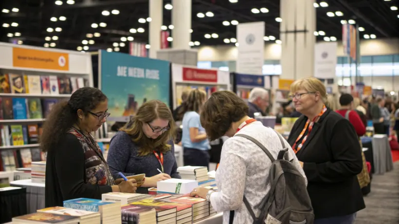 Mystery writers and readers networking at a literary convention with book displays and author signing tables